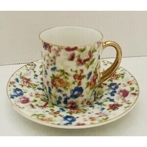 vintage Saji floral chintz cup and saucer set Gold Accents Occupied Japan